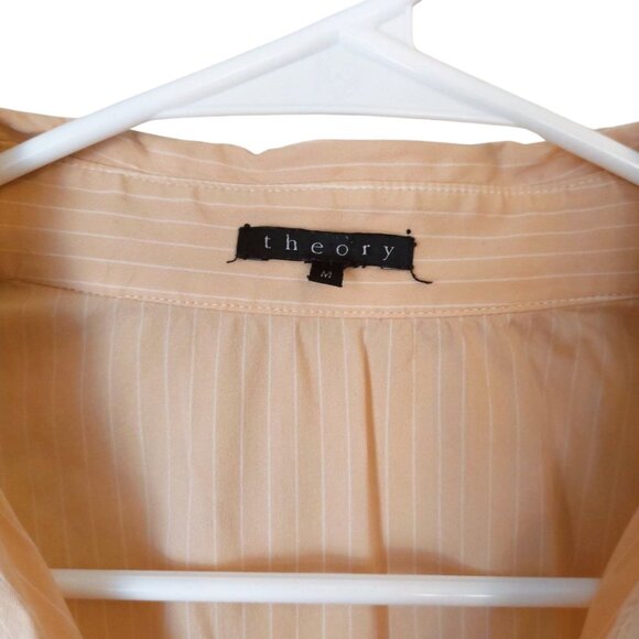 Theory Cotton Blend Long Sleeve Button Up Blouse Peachy Pink w/ Stripes Medium - Picture 3 of 8